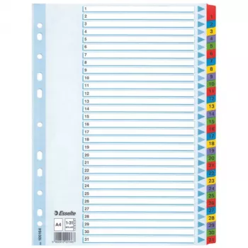 Esselte indekss 1-31 kartons Mylar cilnes A4, ciparu indekss, daudzkrāsains
