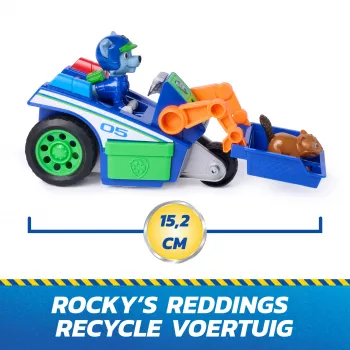 PAW Patrol: Meklēšana un glābšana, Rocky Rescue Recycler transportlīdzeklis ar 2 figūriņām, rotaļu auto ar atsitiena darbību, bērnu rotaļlietas zēniem un meitenēm no 3 gadu vecuma
