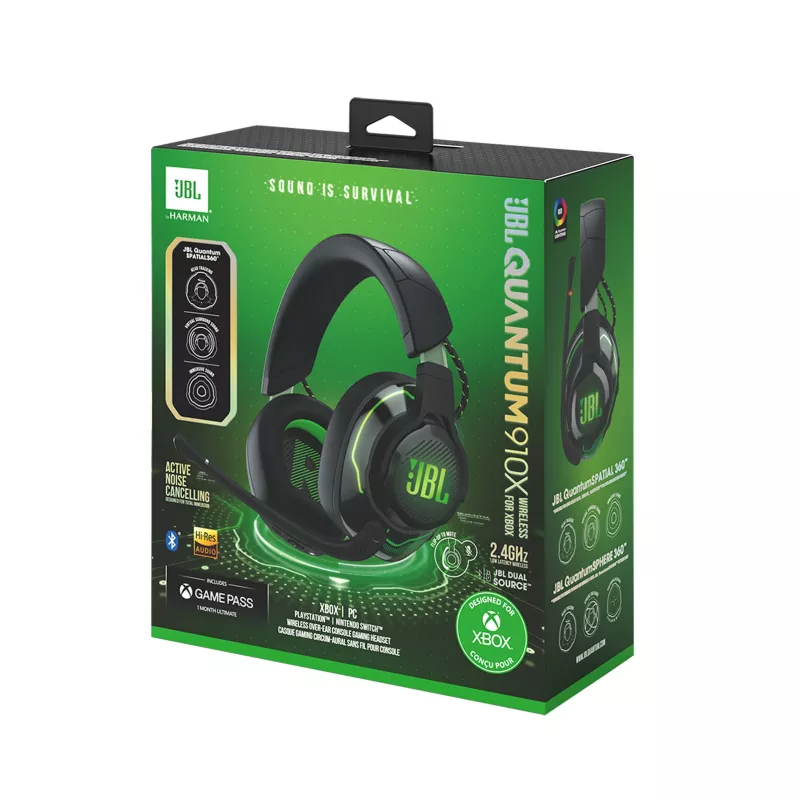 JBL Quantum 910X austiņas, vadu un bezvadu, spēlēm, USB Type-C, Bluetooth, melnas, zaļas