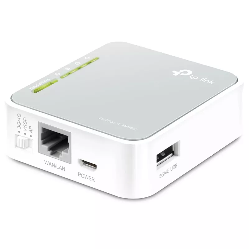 TP-Link TL-MR3020 pārnēsājamais 3G/4G bezvadu N maršrutētājs, Wi-Fi 4 (802.11n), vienas joslas (2,4 GHz), Ethernet LAN, pelēks/balts