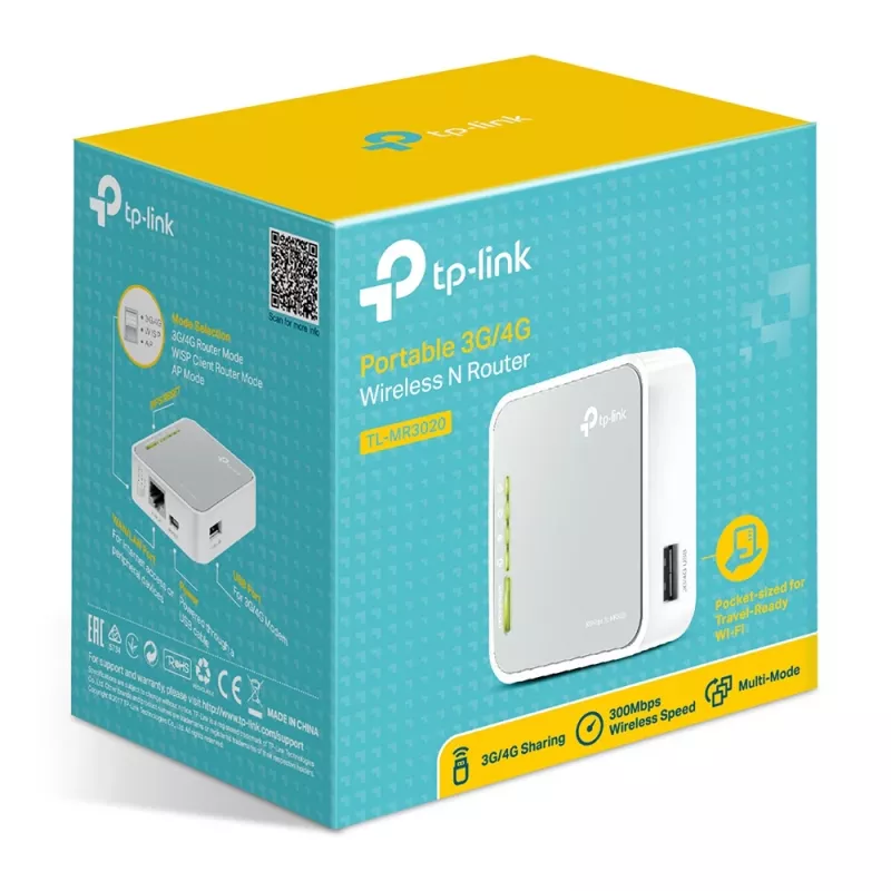 TP-Link TL-MR3020 pārnēsājamais 3G/4G bezvadu N maršrutētājs, Wi-Fi 4 (802.11n), vienas joslas (2,4 GHz), Ethernet LAN, pelēks/balts