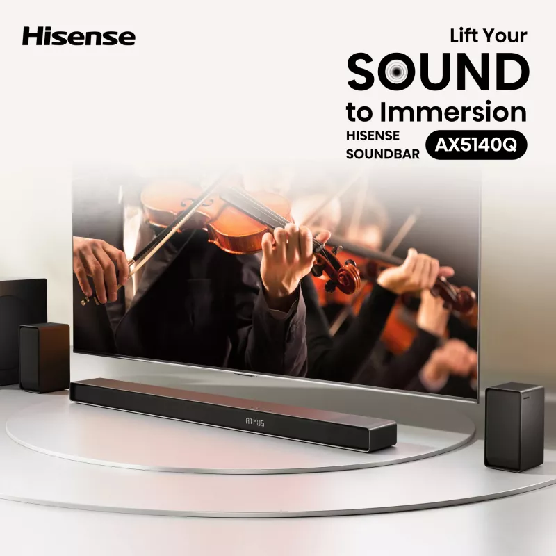 Skaņas josla Hisense AX5140Q 5.1.4 Dolby Atmos, 600 W RMS, bezvadu zemfrekvences skaļrunis 280 W, melna