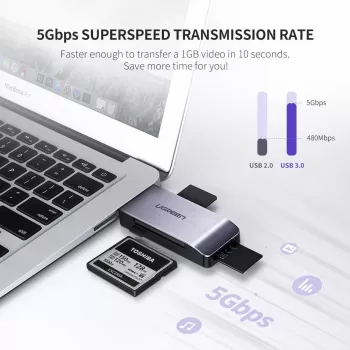 Karšu lasītājs UGREEN 50541 USB 3.2 Gen 1 (3.1 Gen 1) — CF, SD, MicroSD, Memory Stick, Tērauda krāsa, 5000 Mbit/s