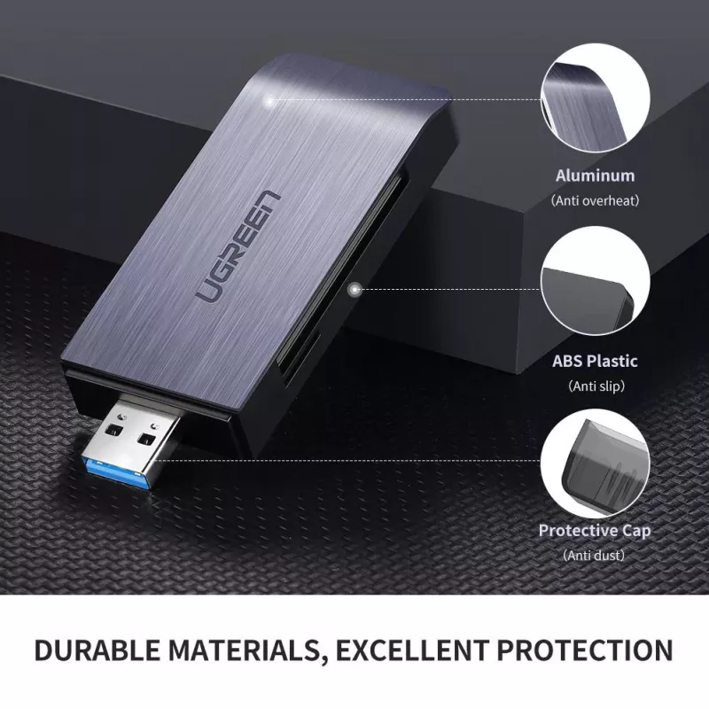 Karšu lasītājs UGREEN 50541 USB 3.2 Gen 1 (3.1 Gen 1) — CF, SD, MicroSD, Memory Stick, Tērauda krāsa, 5000 Mbit/s