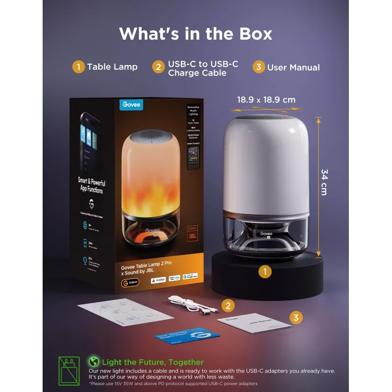 Galdiņa lampa Govee H6020 Table Lamp 2 Pro Sound by JBL — RGBIC + Silta balta, 600 lm, Wi‑Fi & Bluetooth, 5200 mAh