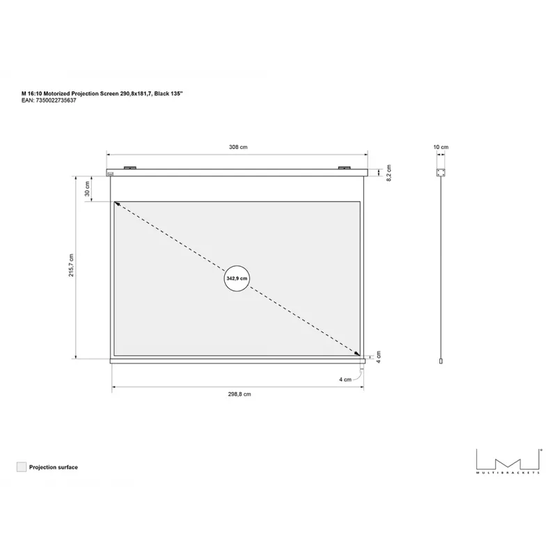 Motorizēts projekcijas ekrāns MULTIBRACKETS M 16:10 135 collas — matti balts, skata platums 2,91 m