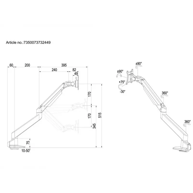Multibrackets M VESA gāzes pacēlāja monitors roka viena ekrāna melna HD