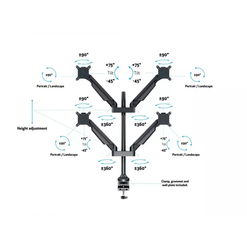 Monitora roka MULTIBRACKETS M VESA Gāzes Pacelšanas Rokas Quad Melns HD — skava/skrūve, 84 kg, VESA 75×75–100×100, 15 collas–32 collas, slīpums -45°–75°