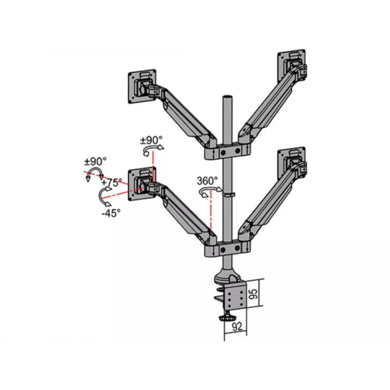 Monitora roka MULTIBRACKETS M VESA Gāzes Pacelšanas Rokas Quad Melns HD — skava/skrūve, 84 kg, VESA 75×75–100×100, 15 collas–32 collas, slīpums -45°–75°