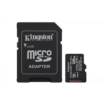 MicroSDXC atmiņas karte Kingston 128GB Industrial C10 A1 pSLC UHS-I, 100MB/s lasīšana, 80MB/s rakstīšana, V30/U3, melna + SD adapteris