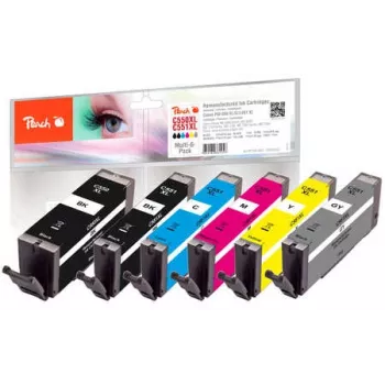 Peach 320523 tintas kasetne 6 gab. Komplekts (XL) Augstas ražības Melna, Ciāna, Pelēka, Fuksīna, Dzeltena