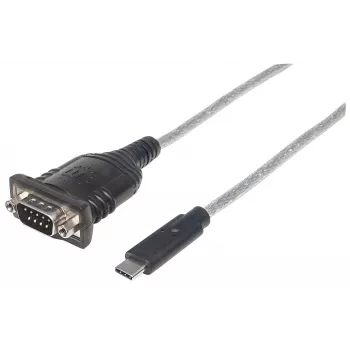 Manhattan USB-C uz Serial pārveidotājs, vīriešu-vīriešu, USB-C uz Serial/RS232/COM/DB9, Prolific PL-2303RA mikroshēma, kabelis 45 cm, sudrabs/melns, polietilēna maisiņš
