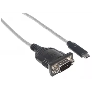 Manhattan USB-C uz Serial pārveidotājs, vīriešu-vīriešu, USB-C uz Serial/RS232/COM/DB9, Prolific PL-2303RA mikroshēma, kabelis 45 cm, sudrabs/melns, polietilēna maisiņš