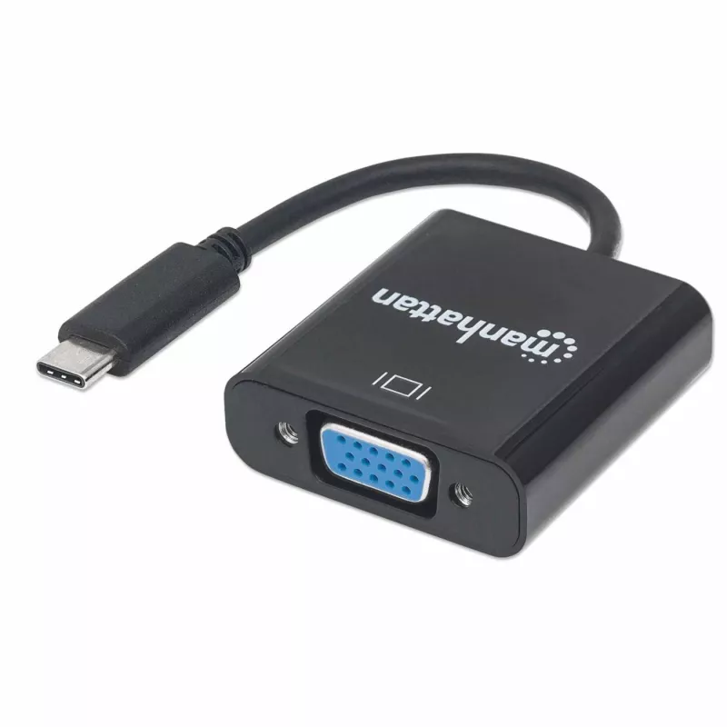 Manhattan USB-C uz VGA pārveidotāja kabelis, 1080p@60Hz, Melns, 8cm, Vīrietis uz Sievieti, Mūža garantija