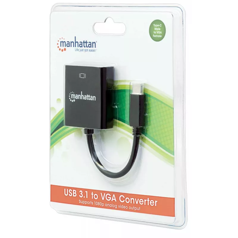 Manhattan USB-C uz VGA pārveidotāja kabelis, 1080p@60Hz, Melns, 8cm, Vīrietis uz Sievieti, Mūža garantija