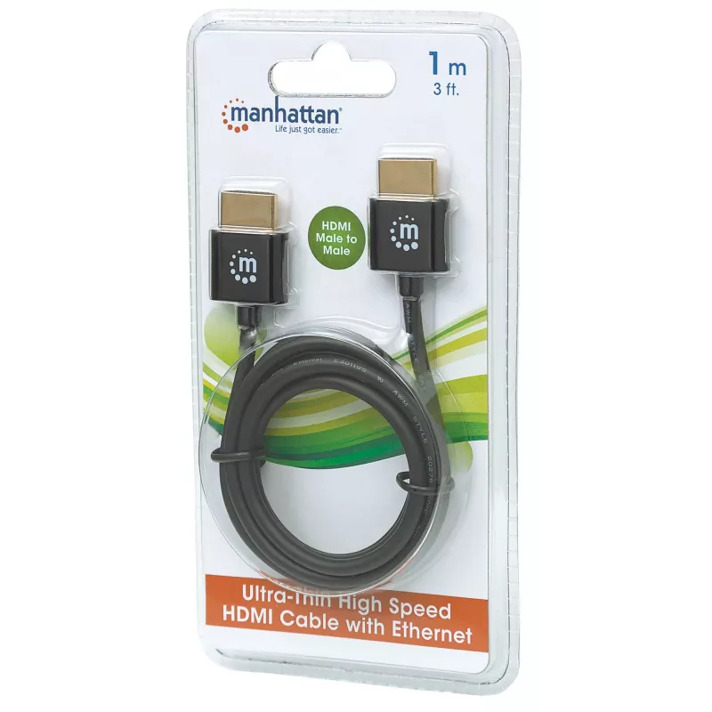 Manhattan HDMI kabelis ar Ethernet (Ultra Thin), 4K@60Hz (Premium High Speed), 1m, vīrietis-vīrietis, melns
