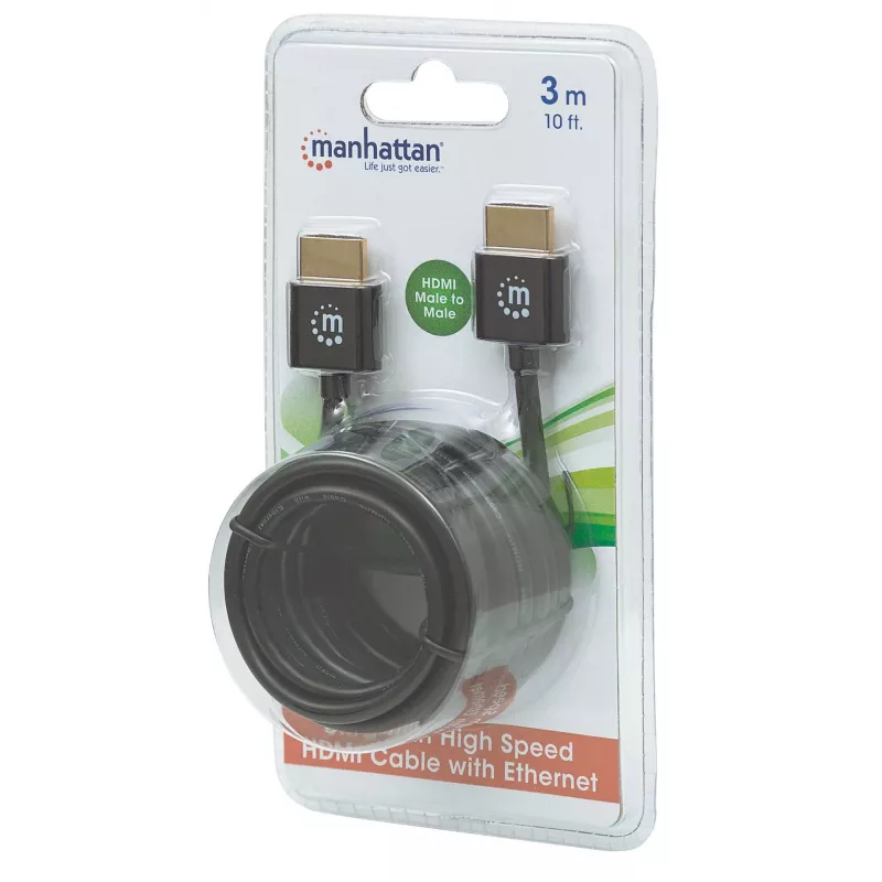 Manhattan HDMI kabelis ar Ethernet (Ultra Thin), 4K@60Hz (Premium High Speed), 3m, Vīrietis-Vīrietis, Melns, Ultra HD 4k x 2k, Pilnībā ekranēts, Apzeltīti kontakti, Mūža garantija