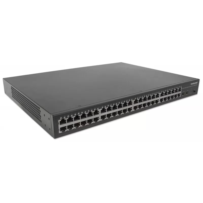 Intellinet 48-Portu Gigabit Ethernet Slēdzis ar 10 GbE Augšsaiti, 48 x 10/100/1000 Mbps RJ45 Porti & 2 x 10 GbE SFP+ sloti, IEEE 802.3az (Energy Efficient Ethernet), 19 inch Rackmount, Metāls (Euro 2-pin spraudnis)