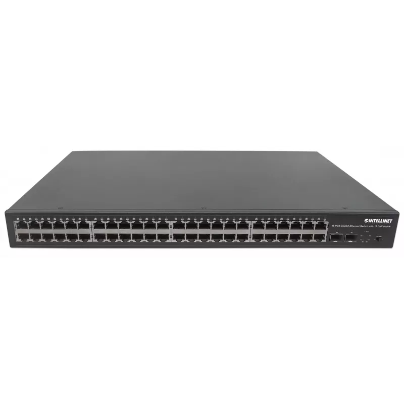 Intellinet 48-Portu Gigabit Ethernet Slēdzis ar 10 GbE Augšsaiti, 48 x 10/100/1000 Mbps RJ45 Porti & 2 x 10 GbE SFP+ sloti, IEEE 802.3az (Energy Efficient Ethernet), 19 inch Rackmount, Metāls (Euro 2-pin spraudnis)