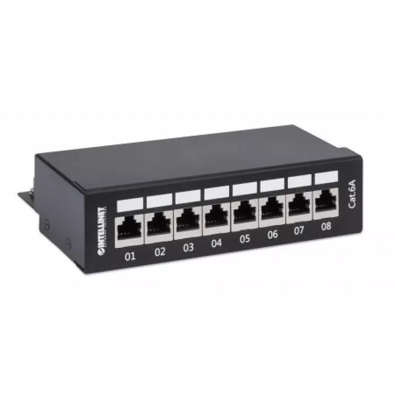 Intellinet Sadales panelis, Cat6a, FTP, 8 porti, galda, ekranēts, 90° augšējie spailes, melns