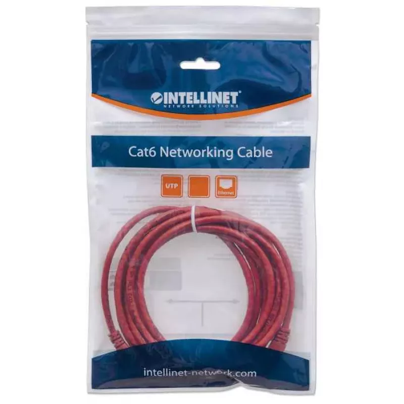 Intellinet tīkla savienojuma kabelis, Cat6, 0,5 m, sarkans, CCA, U/UTP, PVC, RJ45, apzeltīti kontakti, aizsargāts pret aizķeršanos, ar boot, mūža garantija