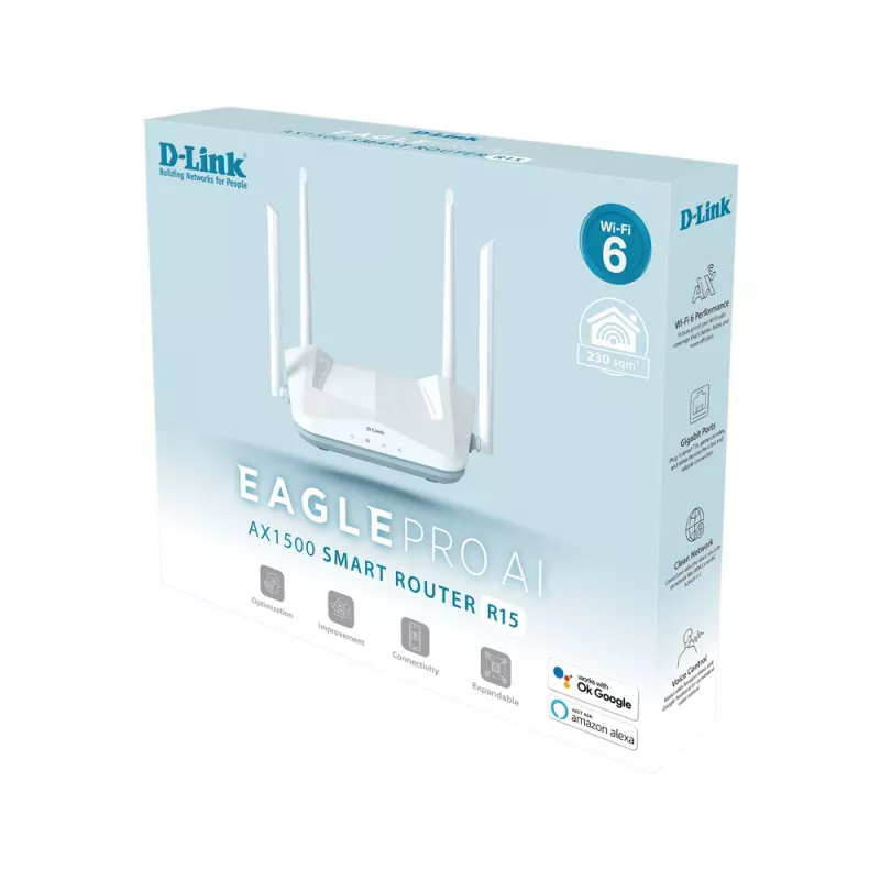 D-Link EAGLE PRO AI AX1500 viedais maršrutētājs, Gigabit Ethernet, divjoslu (2.4 GHz / 5 GHz), balts