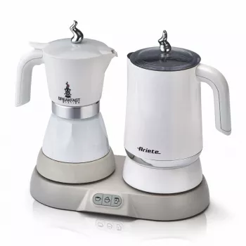 Ariete 1344 Brokastu stacija, 3 ierīces 1: Moka katliņš, tējkanna, karstā un aukstā piena putotājs, 500 W, 2/4 tases, uztur kafiju siltu, 5 funkcijas, balta