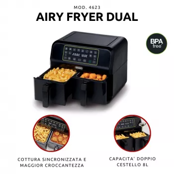 Ariete 4623 Airy Fryer Dual gaisa fritieris ar dubulto grozu, 1700 W, 8 L tilpums, 3 gatavošanas funkcijas, digitālais LED skārienpanels, 8 ieprogrammētas programmas, taimeris, 2 grozi, melns