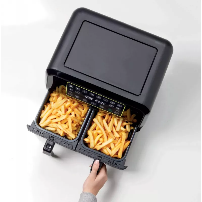 Ariete 4623 Airy Fryer Dual gaisa fritieris ar dubulto grozu, 1700 W, 8 L tilpums, 3 gatavošanas funkcijas, digitālais LED skārienpanels, 8 ieprogrammētas programmas, taimeris, 2 grozi, melns