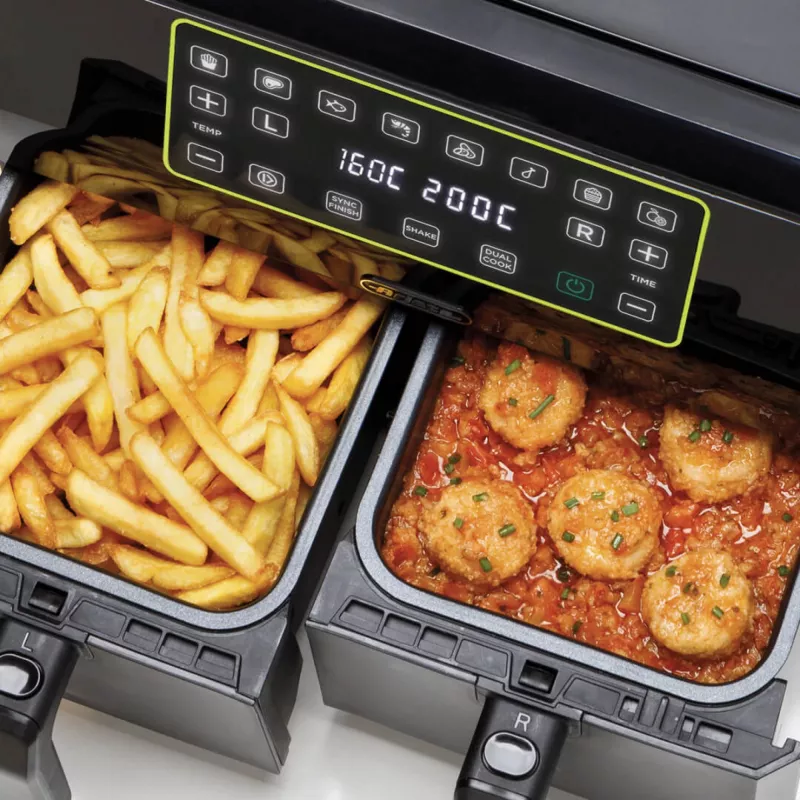 Ariete 4623 Airy Fryer Dual gaisa fritieris ar dubulto grozu, 1700 W, 8 L tilpums, 3 gatavošanas funkcijas, digitālais LED skārienpanels, 8 ieprogrammētas programmas, taimeris, 2 grozi, melns
