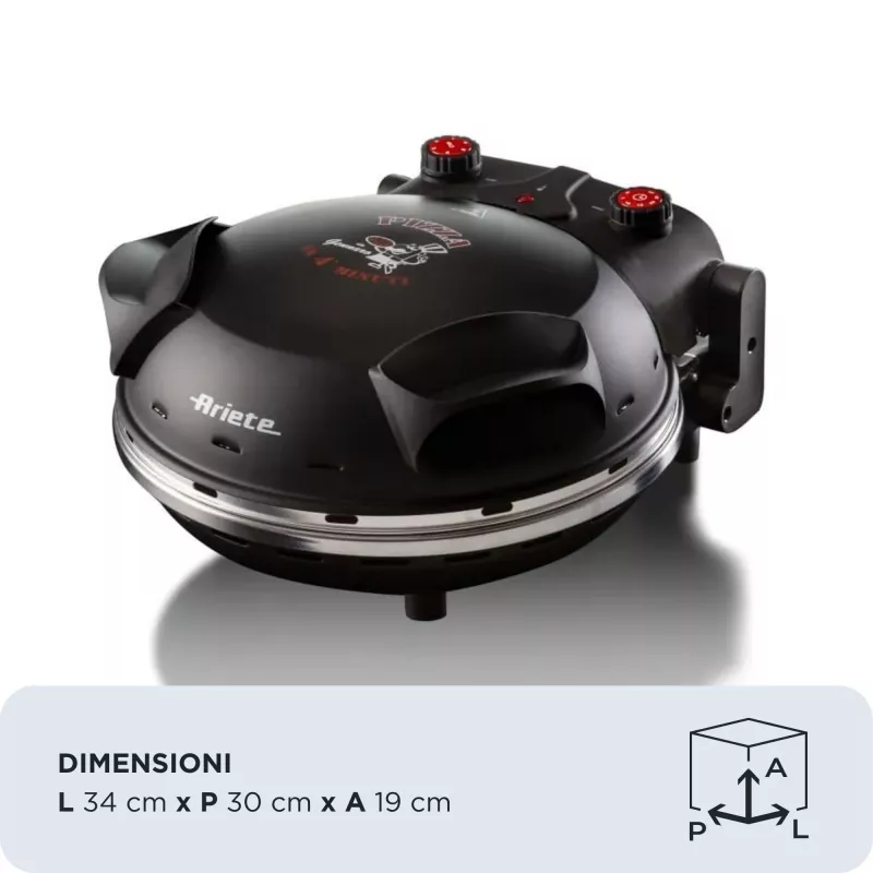 Ariete 917 picas krāsns - Pica 4 minūtēs - Ugunsizturīga akmens plāksne ar nepiedegošu pārklājumu - Maks. temperatūra 400°C - 1200 W - Taimeris 30' - Melna