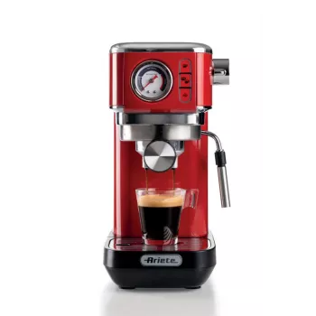 Ariete Moderna Line 1381 kafijas automāts ar manometru, saderīgs ar maltu kafiju un ESE kapsulām, 1300 W, 1.1 L tvertne, 15 bāru spiediens, ½ tases filtrs, Cappuccino ierīce, Sarkans