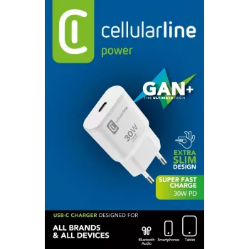 Cellularline GAN sienas lādētājs USB-C 30W PD ar GaN tehnoloģiju