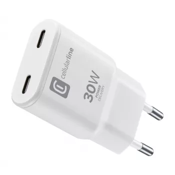 Cellularline GAN sienas lādētājs 2xUSB-C 30W PD ar GaN tehnoloģiju