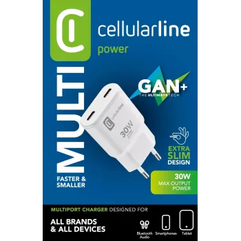 Cellularline GAN sienas lādētājs 2xUSB-C 30W PD ar GaN tehnoloģiju