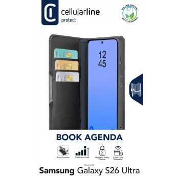 Cellularline Book Agenda Samsung Galaxy S26 Ultra grāmatveida maciņš ar magnētisko aizdari, RFID aizsardzību un statīva funkciju, melns