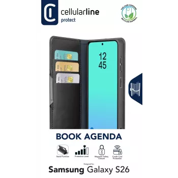 Cellularline Book Agenda Samsung Galaxy S26 grāmata stila maciņš ar RFID aizsardzību, melns