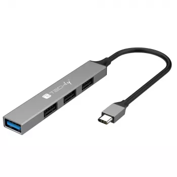 Techly IUSB32-HUB4C-3U2SLS USB-C centrmezgls ar 4 USB-A portiem, metāla korpuss, pelēks