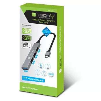 Techly IUSB32-HUB4C-3U2SLS USB-C centrmezgls ar 4 USB-A portiem, metāla korpuss, pelēks