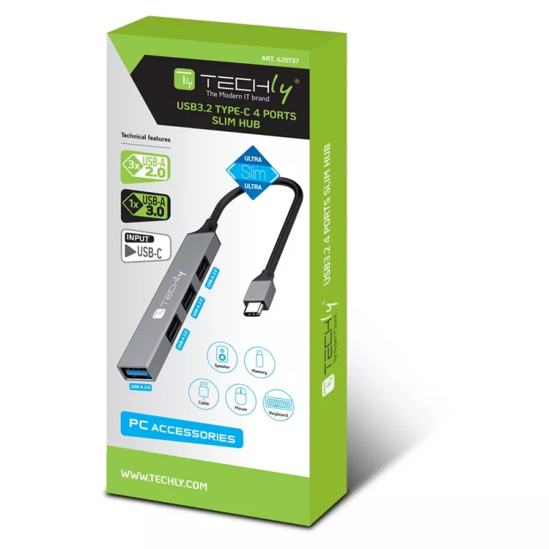 Techly IUSB32-HUB4C-3U2SLS USB-C centrmezgls ar 4 USB-A portiem, metāla korpuss, pelēks