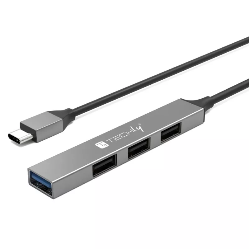Techly IUSB32-HUB4C-3U2SLS USB-C centrmezgls ar 4 USB-A portiem, metāla korpuss, pelēks