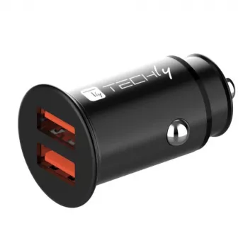 Techly Mini Auto Lādētājs 2 Porti USB-A Quick Charge 3.0 36W Melns Metāls