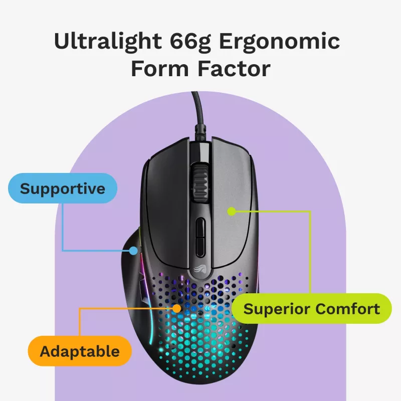 Glorious Gaming Model I 2 Vadu pele - Melna, Labā roka, Optiskā, USB Type-A, 26000 DPI