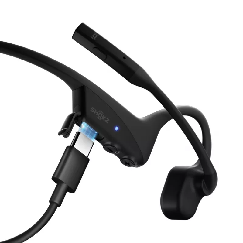 SHOKZ OpenComm2 UC 2025 Upgrade — bezvadu Bluetooth kaulu vadības austiņas ar trokšņu slāpējošu mikrofona kātu un USB-C adapteri, melna