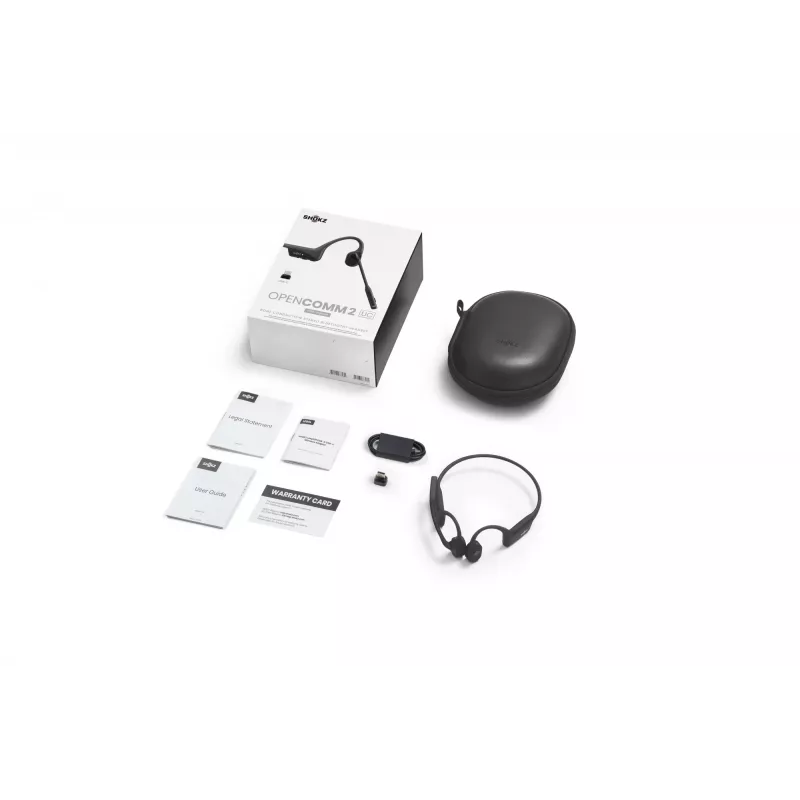 SHOKZ OpenComm2 UC 2025 Upgrade — bezvadu Bluetooth kaulu vadības austiņas ar trokšņu slāpējošu mikrofona kātu un USB-C adapteri, melna