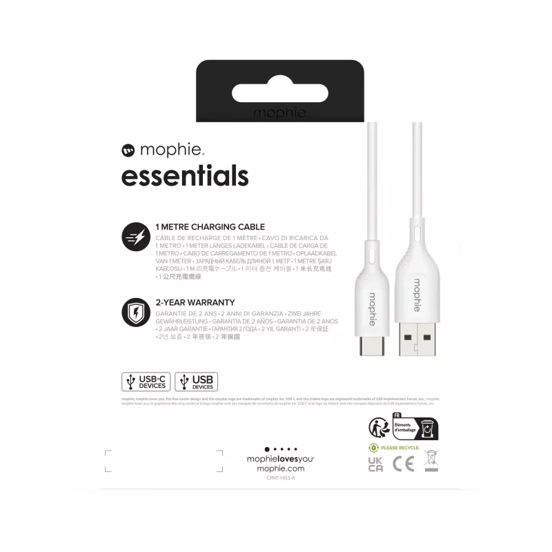 mophie essentials lādēšanas kabelis | 1M USB kabelis USB 2.0 USB A USB C Balts