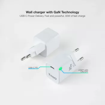TooQ GAN USB-C/PD sienas lādētājs 30W, balts