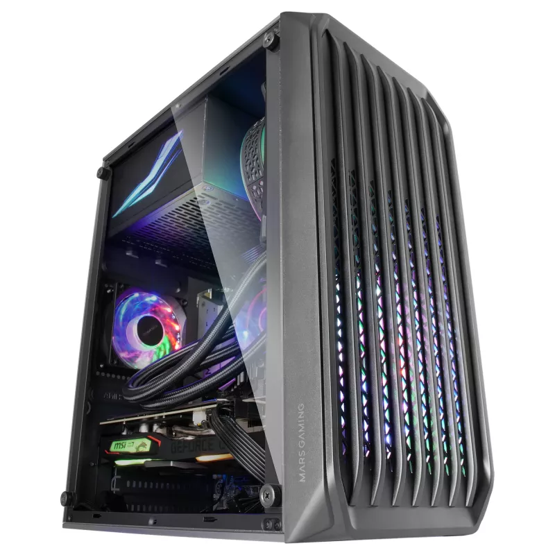 Mars Gaming MC-S2 Black kompakts Micro-ATX spēļu datora korpuss ar 2 FRGB varavīksnes ventilatoriem, priekšējo režģi un pilnu sānu logu