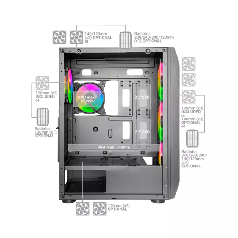 Mars Gaming MC-KX Black Premium E-ATX Gaming Tornis ar FREEZER CPU Sistēmu, 5 Ultra-klusiem ARGB Ventilatoriem, ARGB Kontrolieri un RF Tālvadību, Priekšējais Režģis