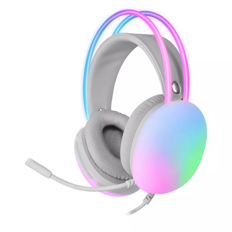 Mars Gaming MH-GLOW White 360° Full Chroma RGB Flow austiņas ar trokšņu slāpējošu mikrofonu, īpaši vieglas, atmiņas putu polsteri, universāla saderība